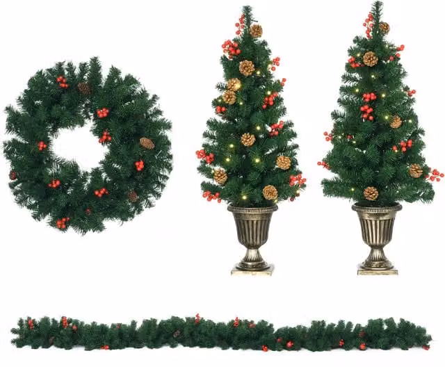 Set di 4 decorazioni natalizie HOMCOM con luci LED, bacche rosse e foglie verdi, comprensivo di 2 alberelli da tavolo e ghirlanda con corona, H: 90 cm, Φ: 40 cm