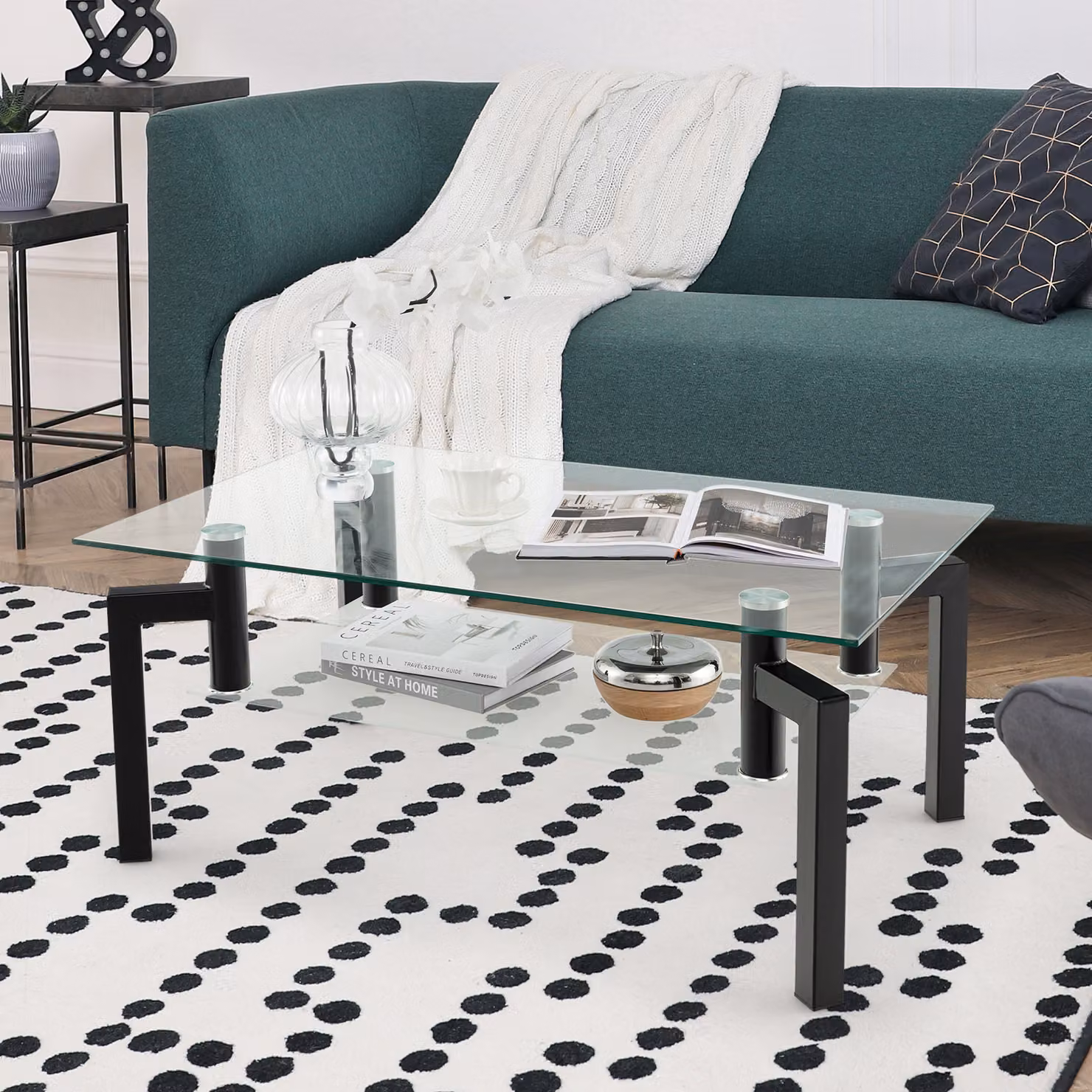 Tavolino da caffè COSTWAY con piano in vetro, tavolino in vetro da salotto, tavolino da divano, tavolino da tè per casa e ufficio 100x60x43cm