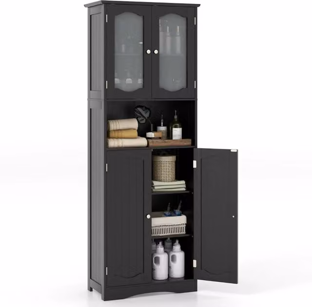 Armadio da bagno alto 164cm con porte in vetro satinato e ripiani, Mobile autonomo per cucina soggiorno ufficio Nero