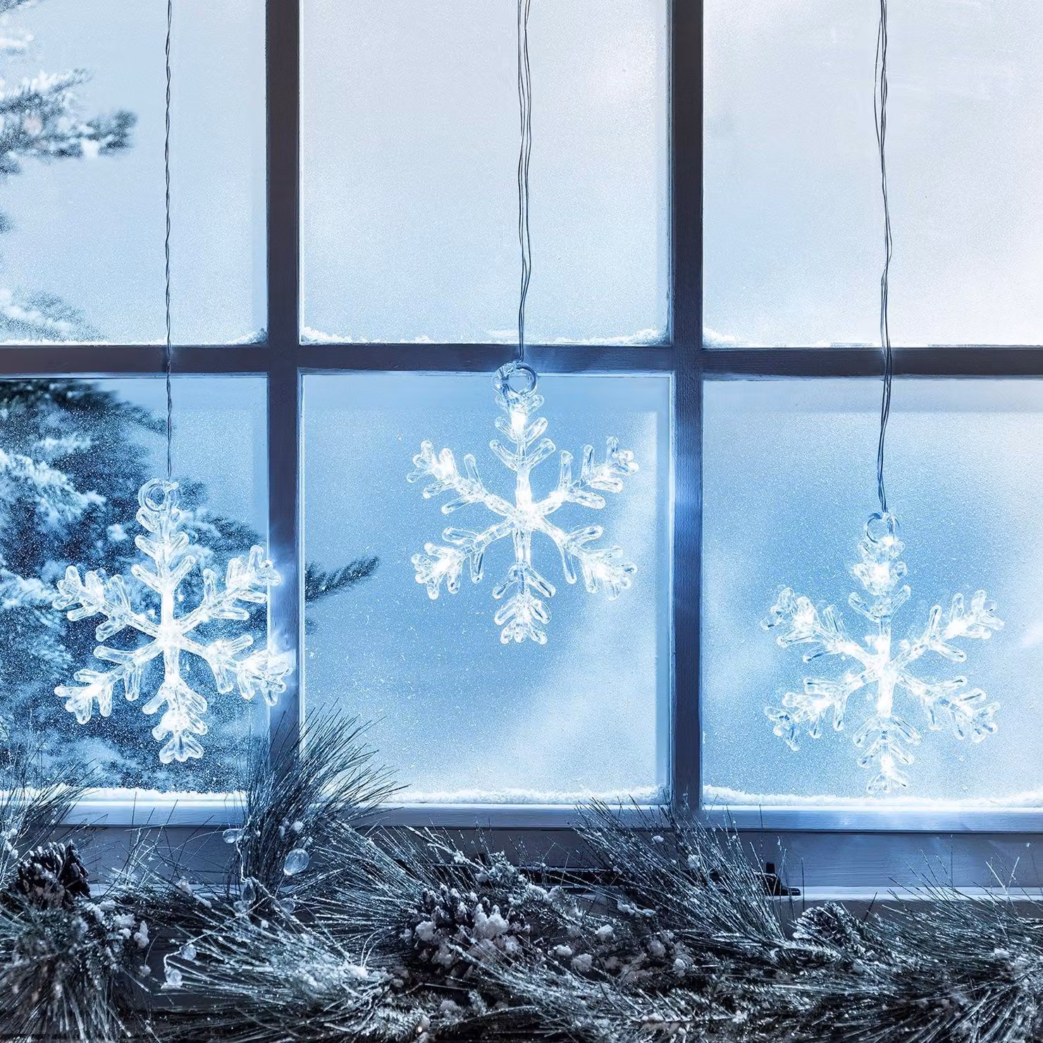 Set di 3 fiocchi di neve a LED, decorazioni per finestre, con timer, 36 LED