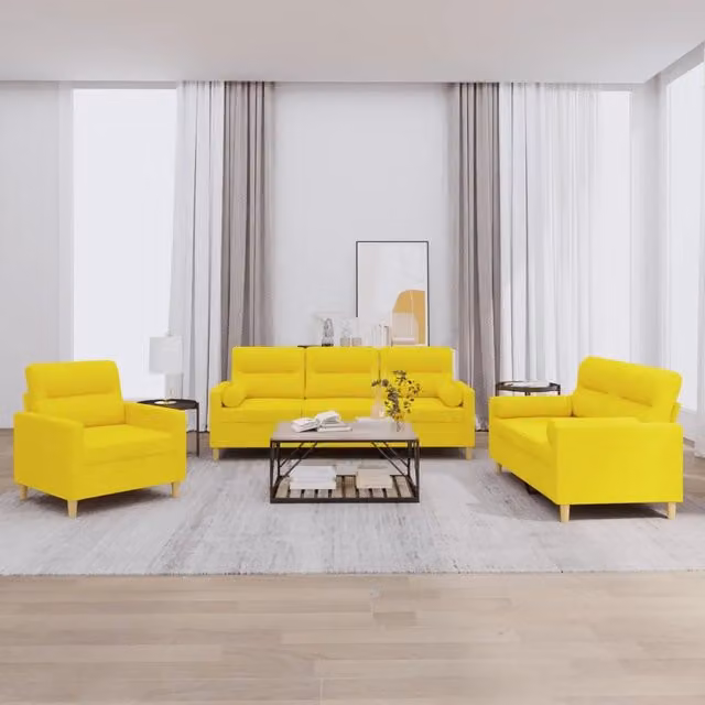 Set di Divani 3 pz con Cuscini Giallo Chiaro in Tessuto 3201557