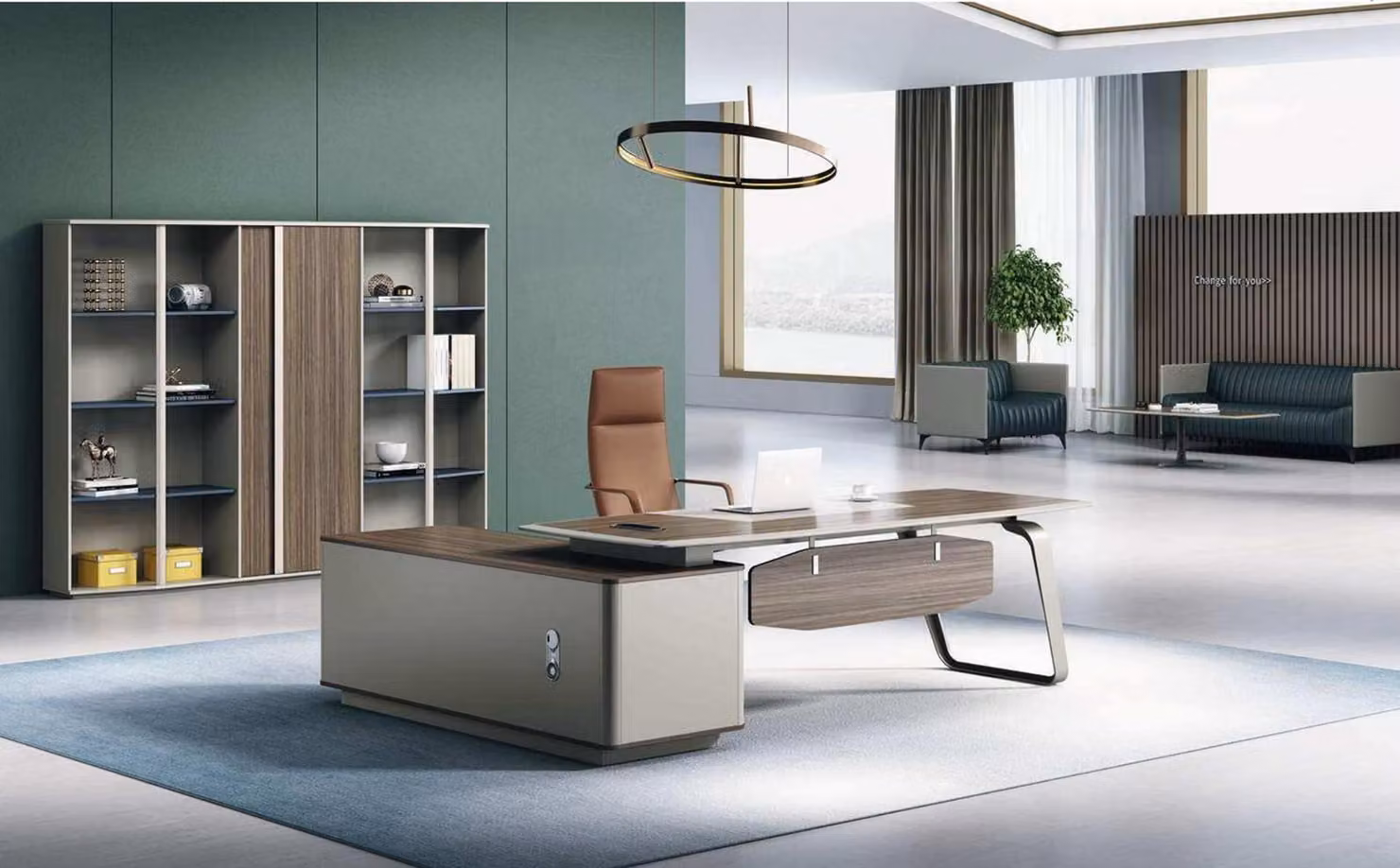 Set per ufficio in legno marrone: scrivania angolare robusta e libreria, composto da 2 elementi