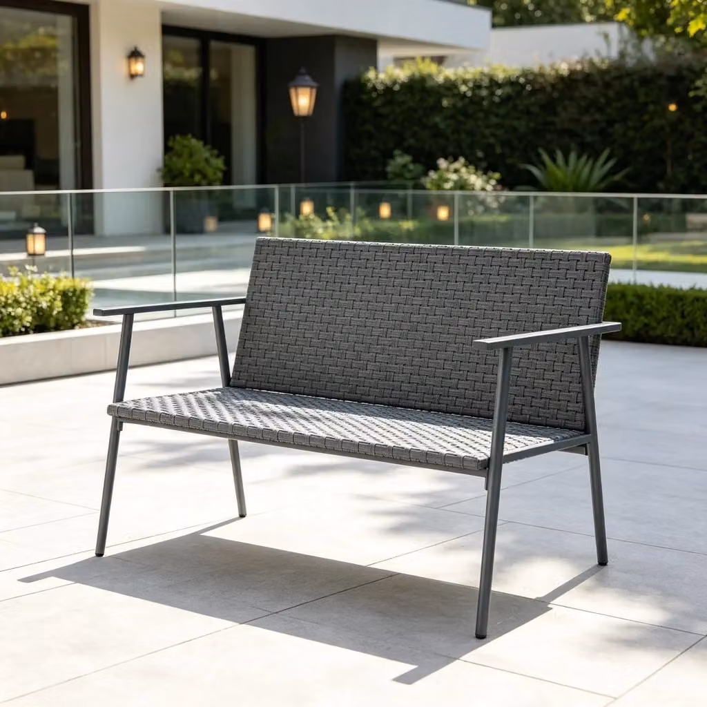 Panca da giardino OKWISH a 2 posti in rattan e metallo grigio con braccioli L/P/H: 110 x 58 x 78 cm – 2