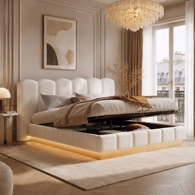 Letto matrimoniale imbottito 180 × 200 cm con vano contenitore idraulico rete a doghe LED bouclé bianco