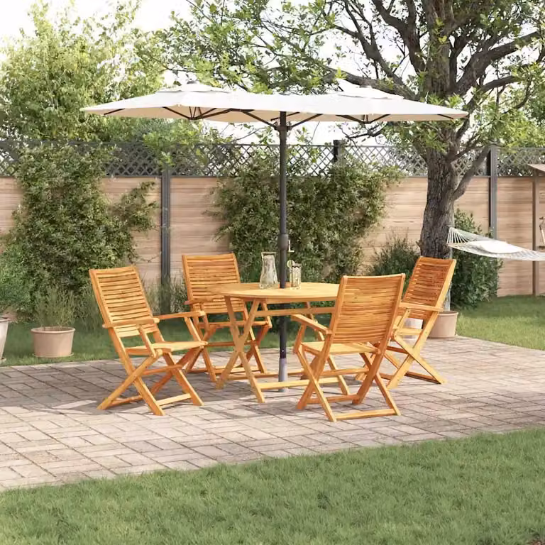 Set da pranzo per giardino e terrazzo vidaXL in legno di acacia marrone, composto da 5 pezzi con tavolo rotondo e sedie