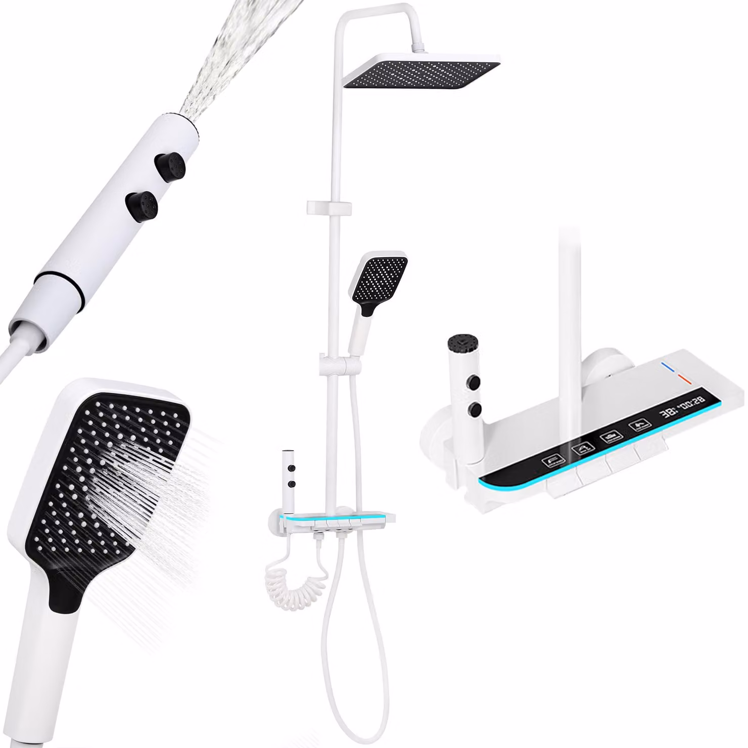 Colonna doccia con display LED, 4 uscite, dimensioni 30x20 cm, altezza regolabile, colore bianco