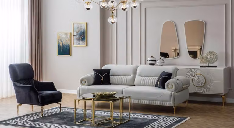 Gruppe Sofas Dreisitzer Sessel Couch Polstersofa Stoffsofa Blau 2tlg