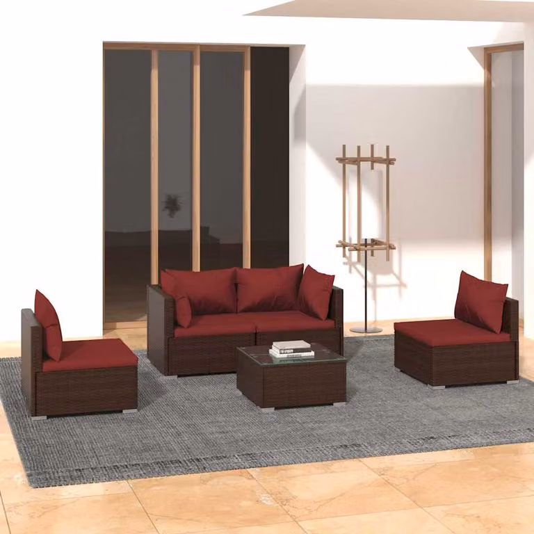 vidaXL Set Divani da Giardino 5 Pezzi con Tavolino in Polyrattan Marrone e Cuscini Imbottiti