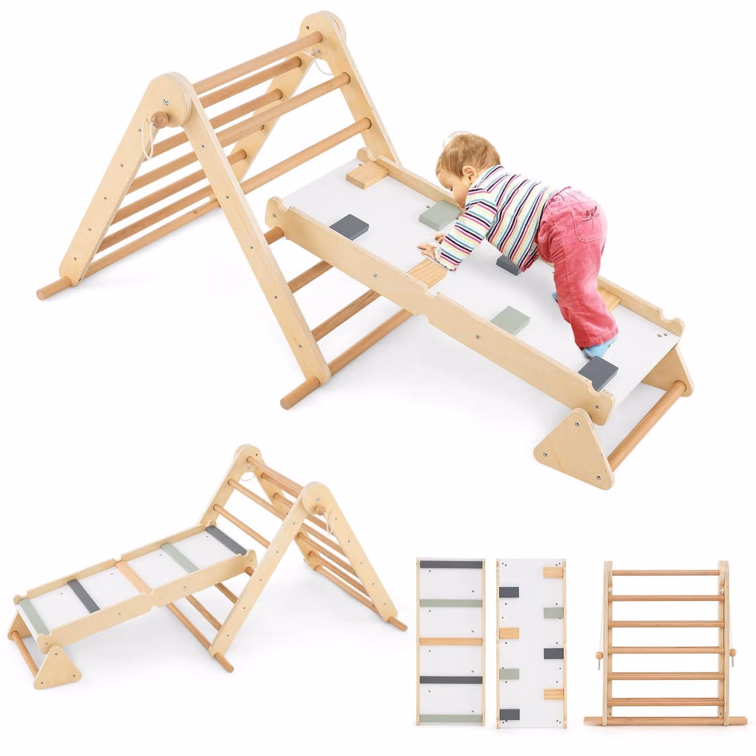 FANTASK, struttura gioco per bambini 3 in 1, ideale per interni, con triangolo per arrampicata in legno, set per arrampicata