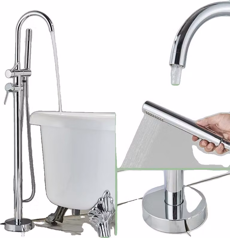 Miscelatore da pavimento per vasca, design a doppia maniglia, finitura lucida, cromo