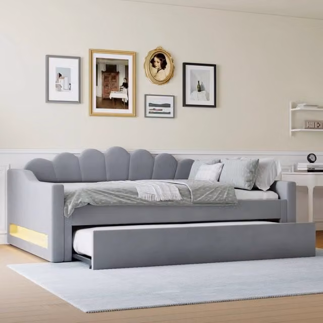 Letto da giorno imbottito 140 x 200 cm con striscia LED e letto estraibile - Grigio