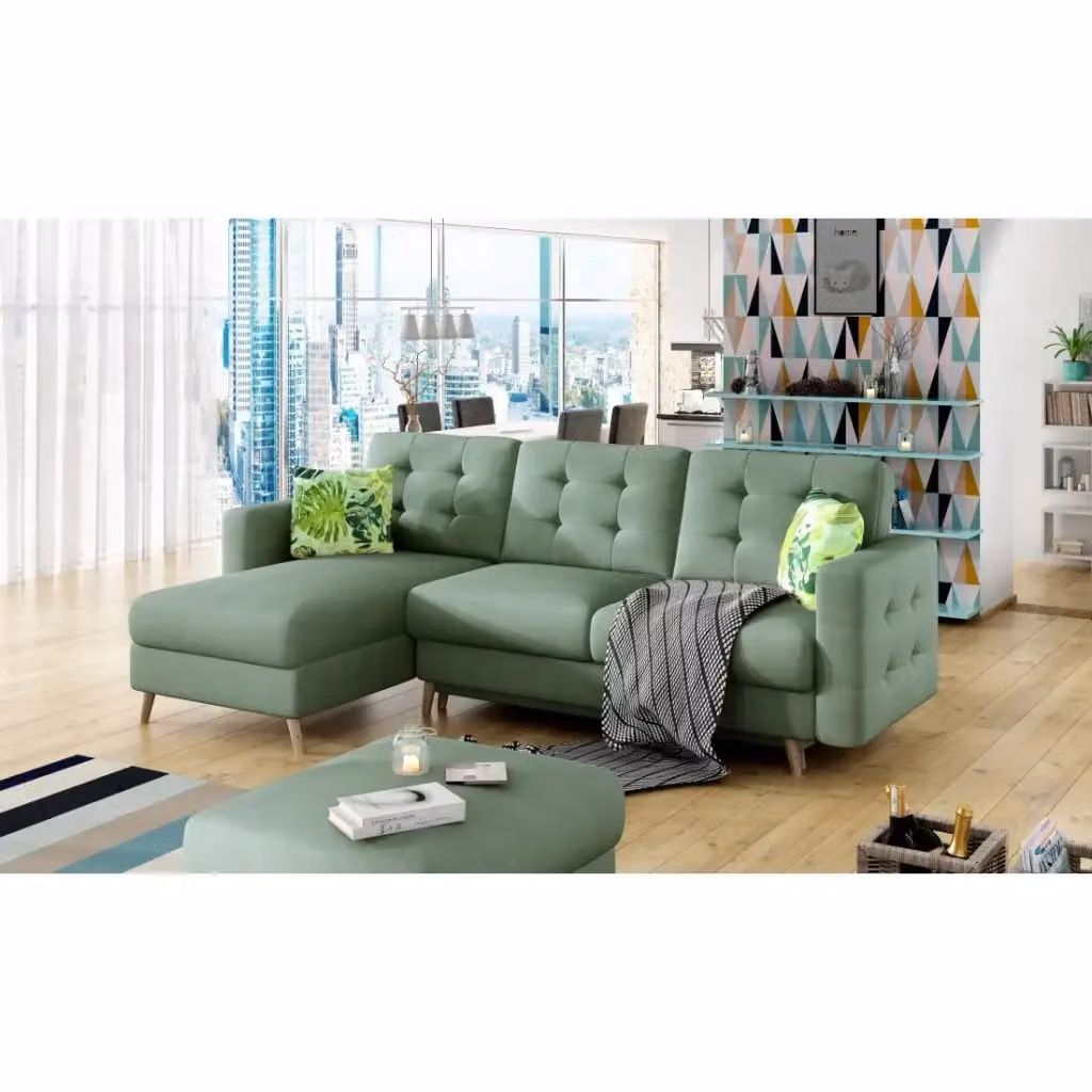 Divano angolare convertibile MEUBLORAMA HASGARD verde con funzione letto e vano contenitore, stile scandinavo, L/P/H: 248 x 162 x 93 cm – 2
