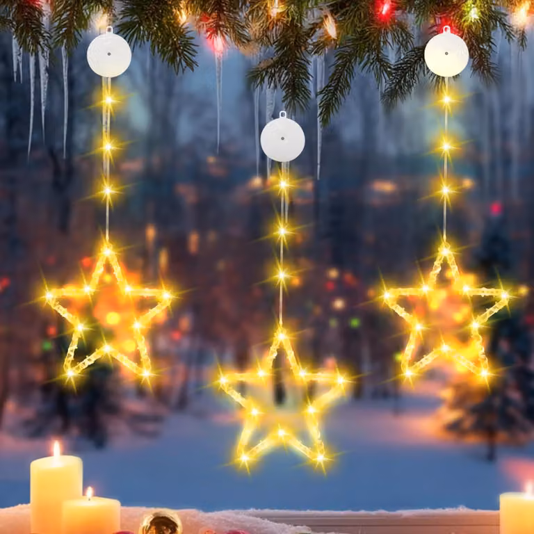 Set di 3 luci decorative a forma di stella di Natale per finestre, luce bianca calda, 8 modalità, LED