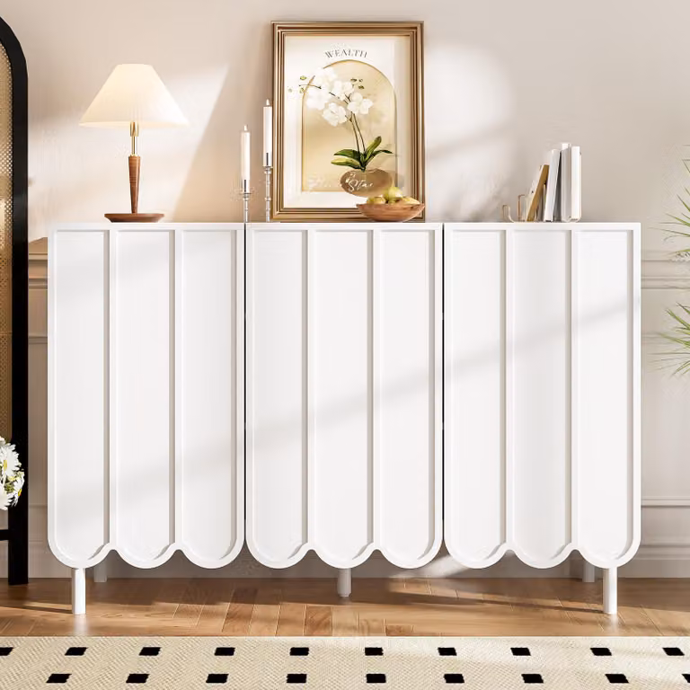 Credenza moderna Sweiko bianca con ante ondulate - 120x35x80 cm - senza maniglie, ripiani regolabili - spazio di archiviazione per soggiorno, corridoio e sala da pranzo