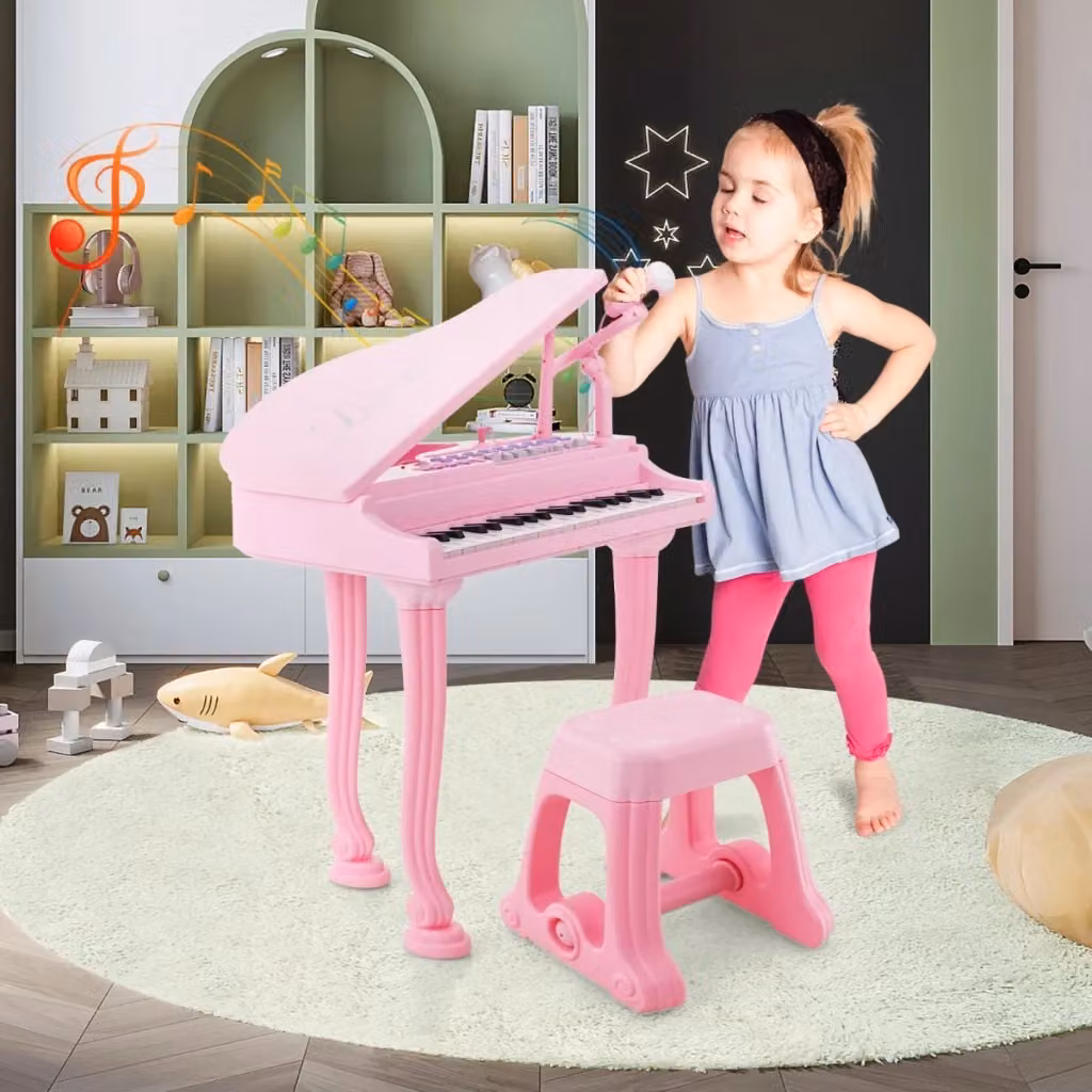 Pianoforte giocattolo multifunzionale con 37 tasti, microfono e sgabello, tastiera portatile rosa per bambini – 2