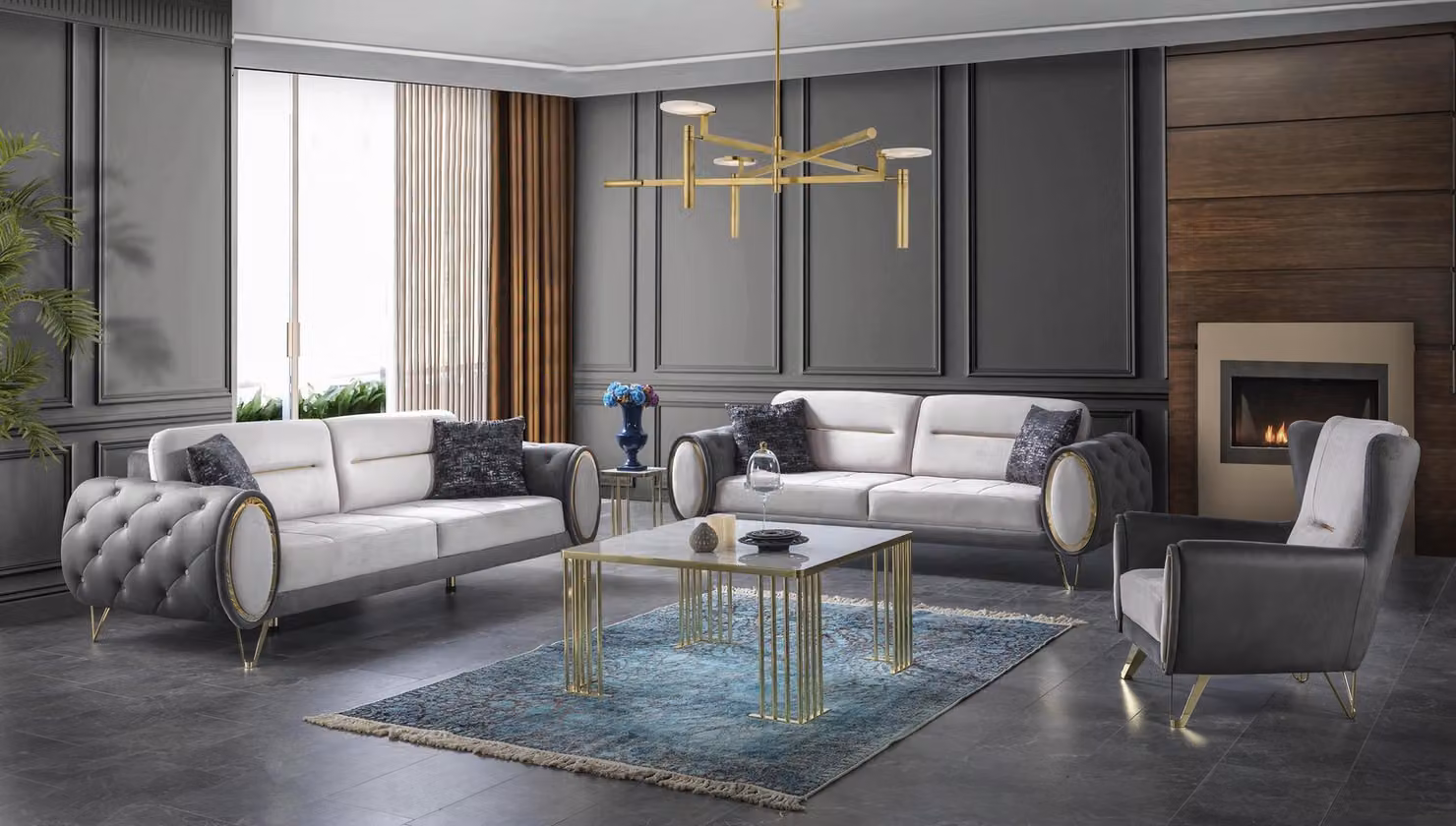Sofagarnitur 2x 3-Sitzer Sofas Stoff Couchen Polster Garnitur Sofas Grau Sessel