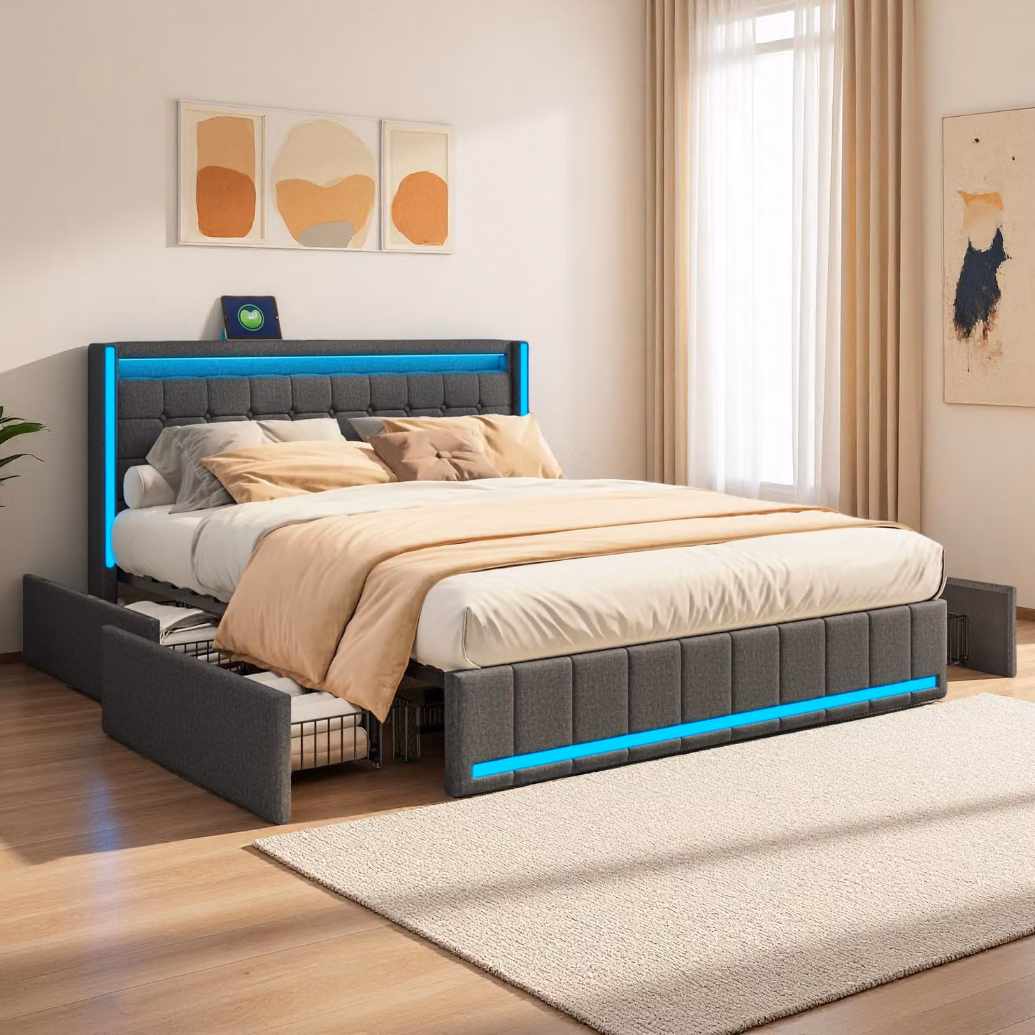 Letto imbottito ProximaX 140x200 cm con contenitore, letto in lino con LED RGB e USB-C, 4 cassetti, ampio spazio contenitivo, robusto e confortevole, grigio