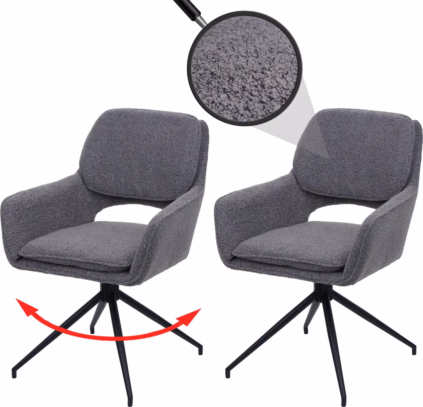 Set di 2 sedie da pranzo HWC-N74, sedia per cucina, girevole con ritorno automatico, rivestita in tessuto bouclé (540g/m²), colore grigio