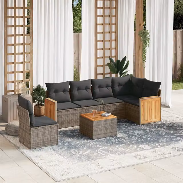 Set Divani da Giardino 7 pz con Cuscini Grigio in Polyrattan 3227705