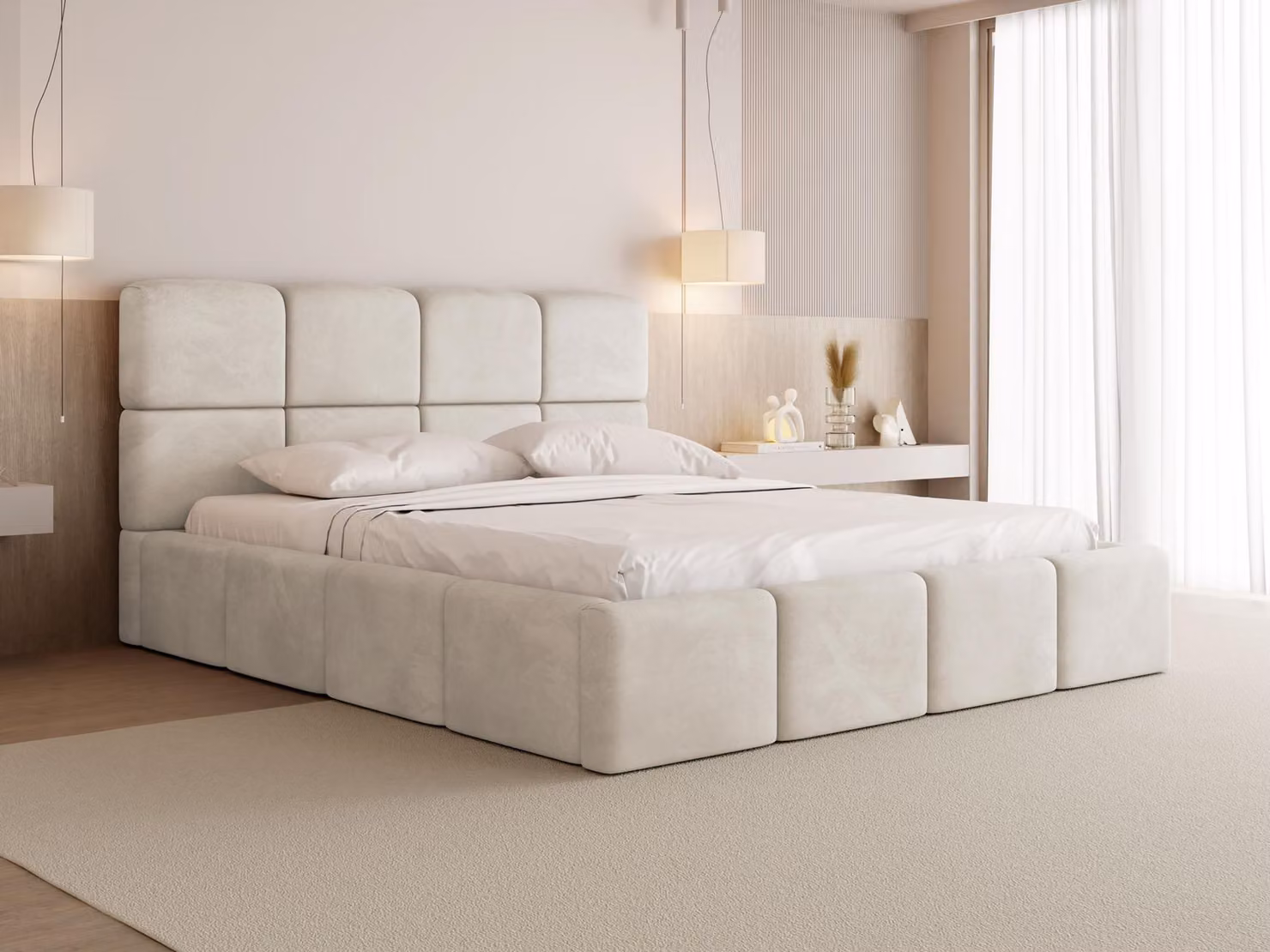 Letto imbottito 120x200 con rete e doghe - Letto bianco con testata alta, tessuto boucle o velluto - Letto matrimoniale moderno con contenitore - Giroletto, senza materasso - Tivio - Crema