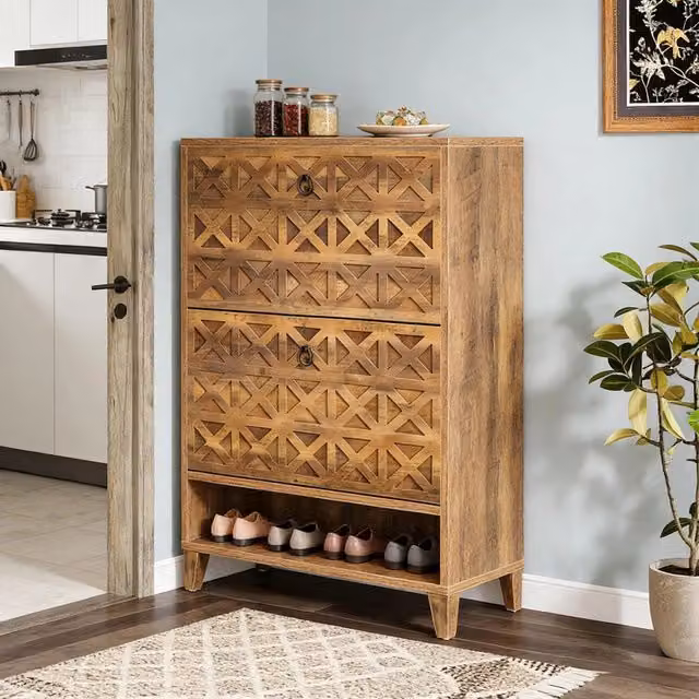 Scarpiera REDOM in stile rustico marrone e nero con 2 cassetti basculanti e ripiani interni, L: 80 cm, P: 24 cm, H: 110 cm