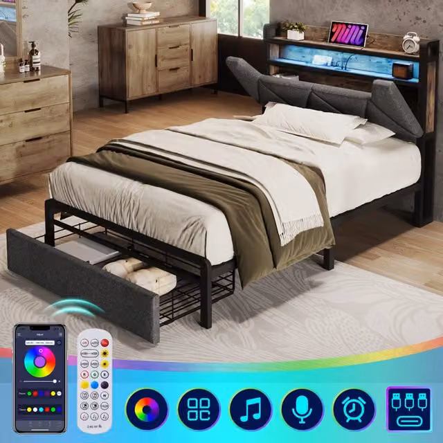 Letto imbottito con USB Type-C, testiera contenitore, LED e cassetti, singolo 90 x 200, rete a doghe su telaio in metallo, grigio (senza materasso)