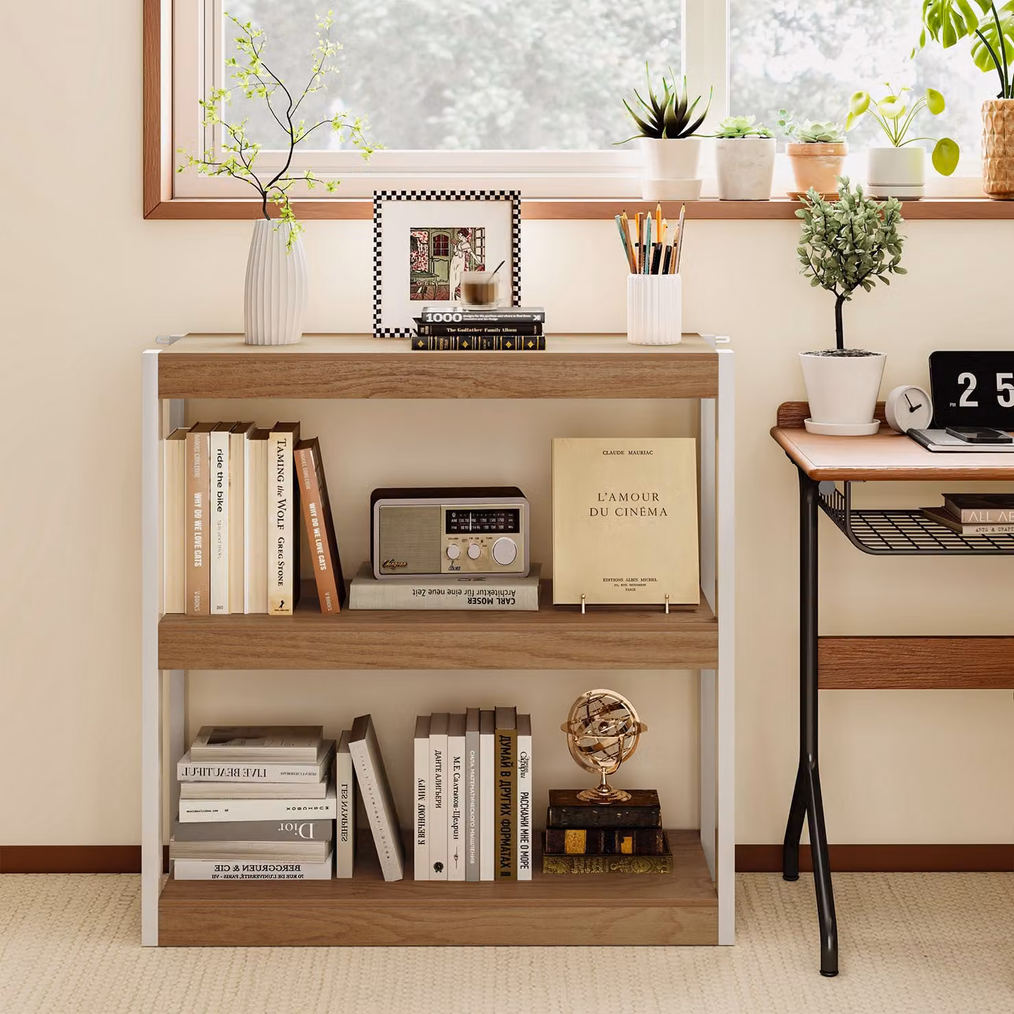 Libreria Costway a 3 ripiani in legno marrone per soggiorno con design minimalista e schienale aperto