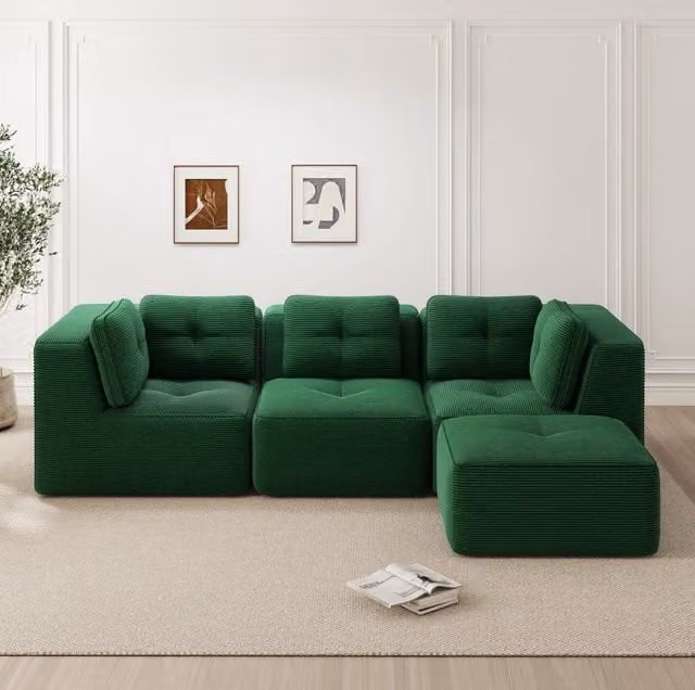 Divano angolare modulare in velluto a coste verde 297x177x69 cm; senza montaggio