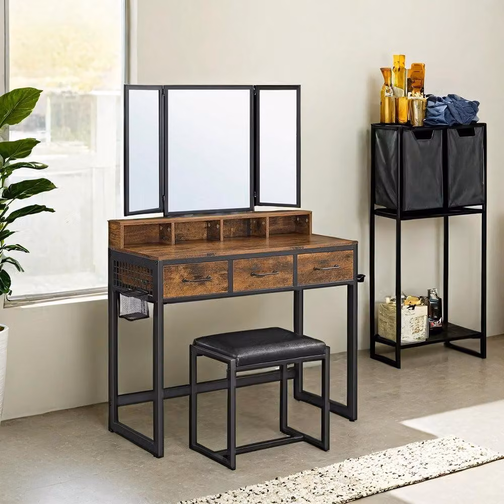 Comò da trucco con sgabello imbottito, specchio triplo e 3 cassetti | Stile vintage, colore marrone e nero | Dimensioni: 90x40x141 cm