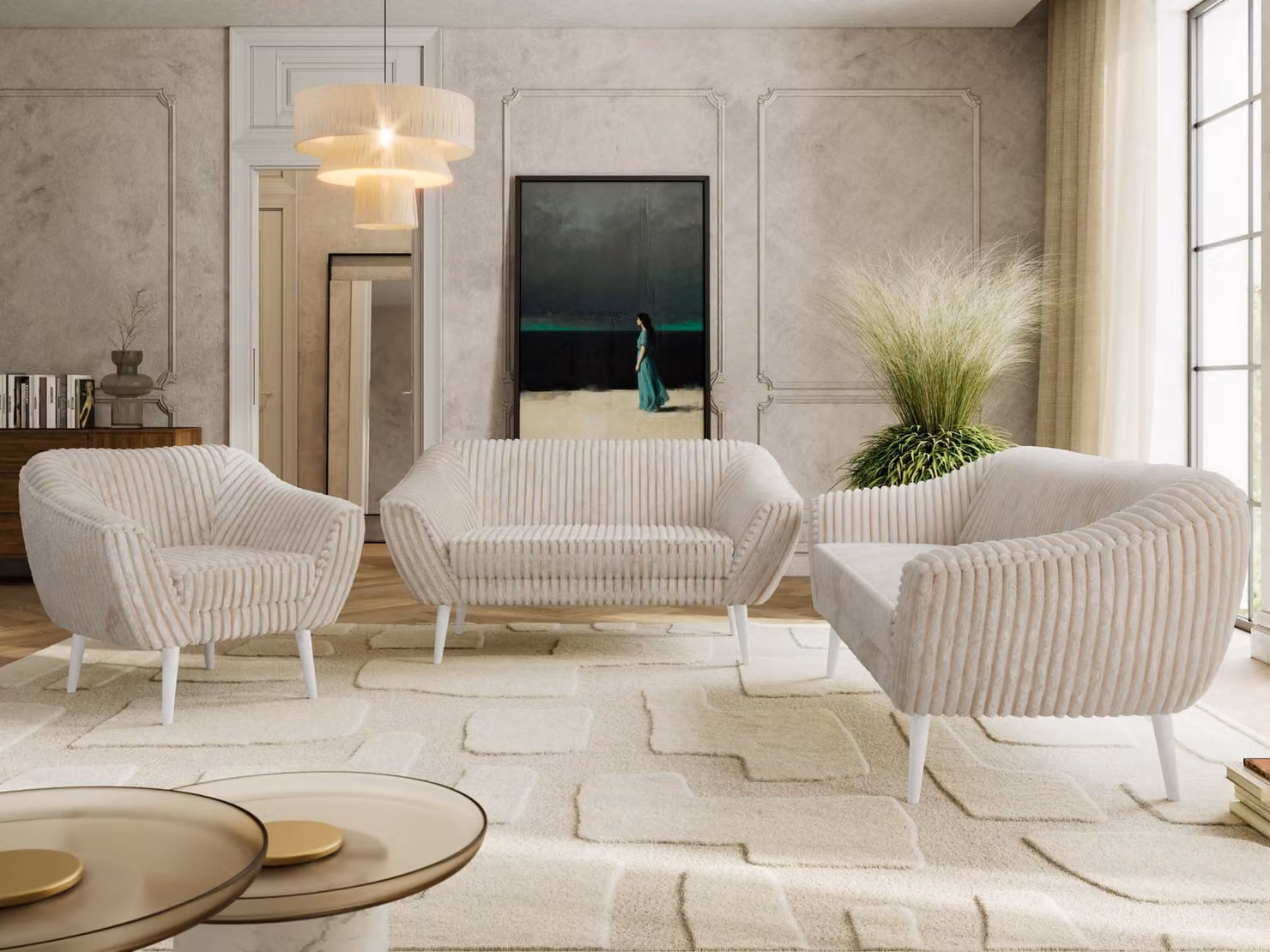 Divano componibile MKS MEBLE PIRS 1-2-3, set completo in stile scandinavo, con sospensioni a molle, gambe bianche, gruppo sedute, set di mobili, set con braccioli - color beige