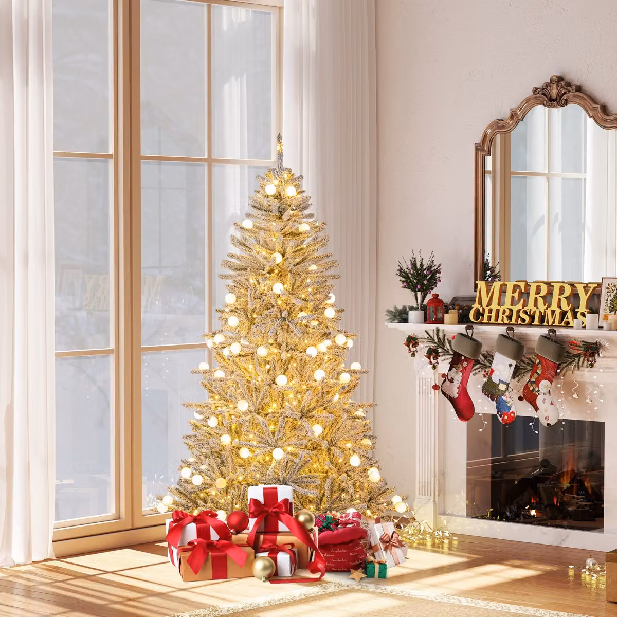 Albero di Natale artificiale innevato Costway Argento con 250 luci LED bianche calde e 51 sfere luminose, Altezza: 180 cm