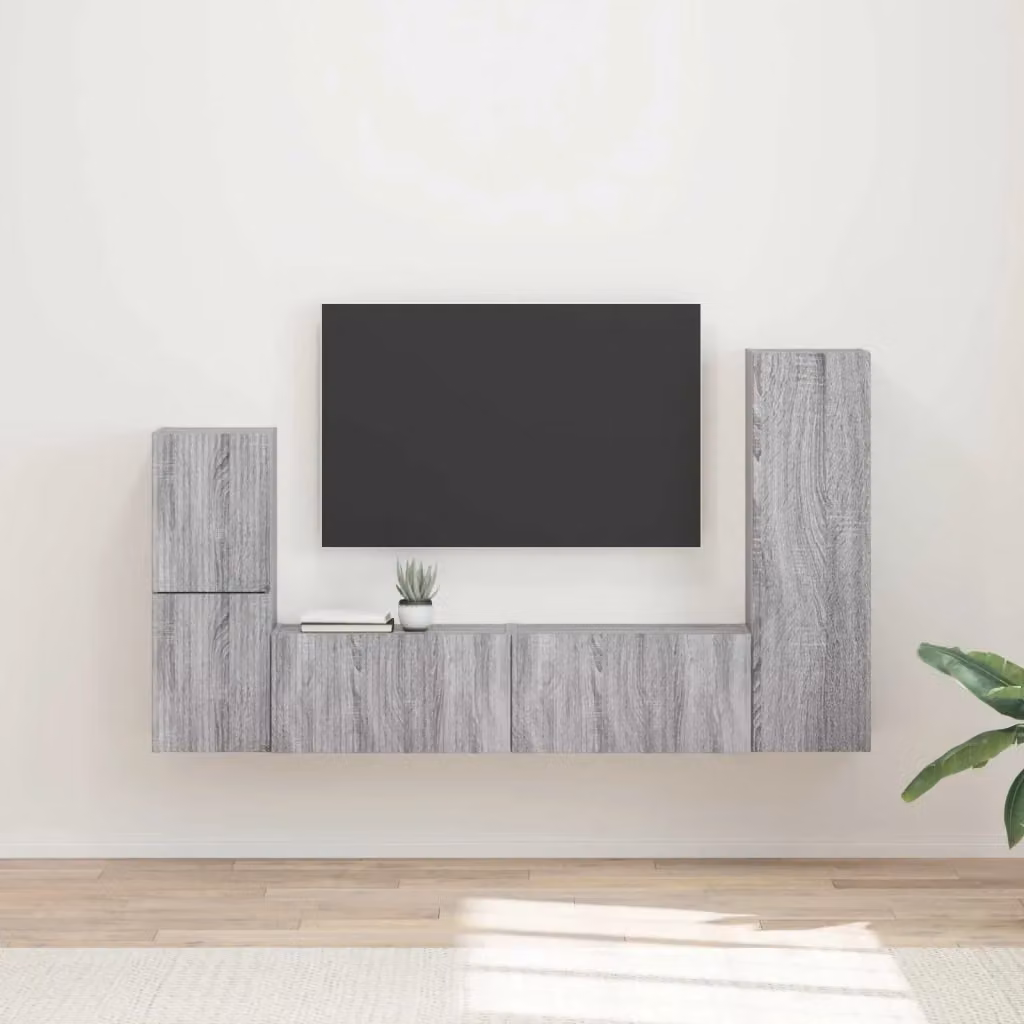 Set di 4 pezzi mobile porta TV moderno in legno multistrato grigio Sonoma con design lucido per soggiorno – 2