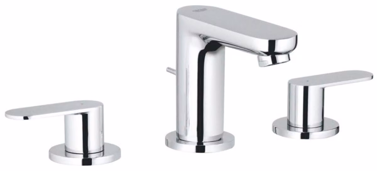 Miscelatore per lavabo a tre fori, modello "S", cromato, con due maniglie, portata massima di 7 litri al minuto