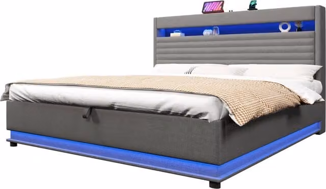 Letto matrimoniale contenitore moderno in tessuto grigio con illuminazione LED, porta USB Type-C e vano idraulico, L/P: 180 x 200 cm – 1