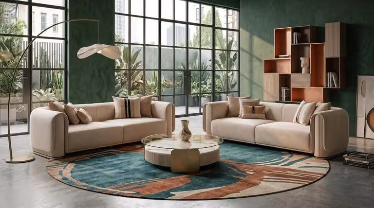 Set di mobili da soggiorno color beige, composto da: divano a 3 posti, tavolino da caffè, mobili moderni