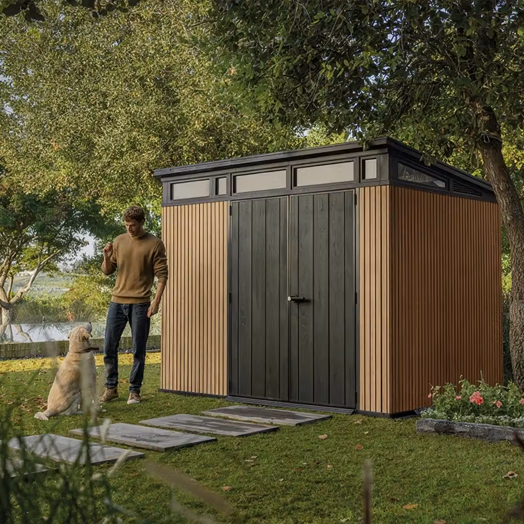 Casetta da Giardino Keter Pent 9x7 con Doppia Ante per Deposito Attrezzi, Finitura Effetto Legno Evotech+ in Resina, Colore Marrone e Nero, L: 279 cm, P: 226 cm, H: 218 cm – 2