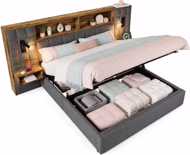 Letto contenitore 160×200 cm; con lampade da lettura; porte USB e Type-C; senza materasso; in lino grigio