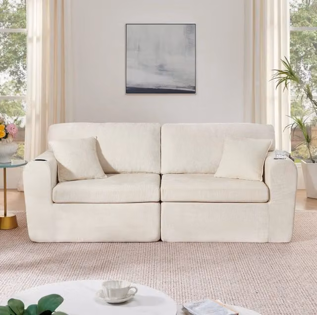 Divano relax 2 posti 220x100x89 cm in chenille beige, con tasca e portabicchieri, per piccoli spazi