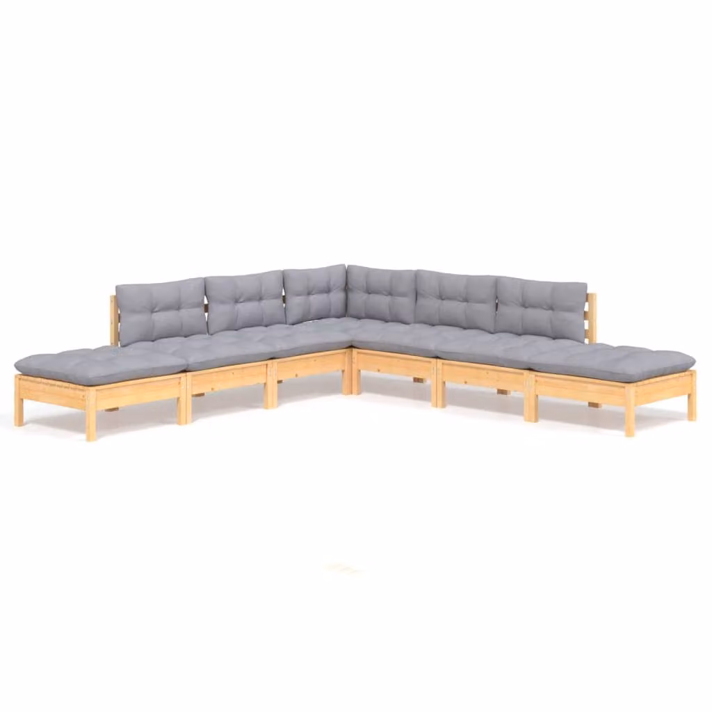 Set Divani da Giardino 7 pz con Cuscini Grigi Massello di Pino