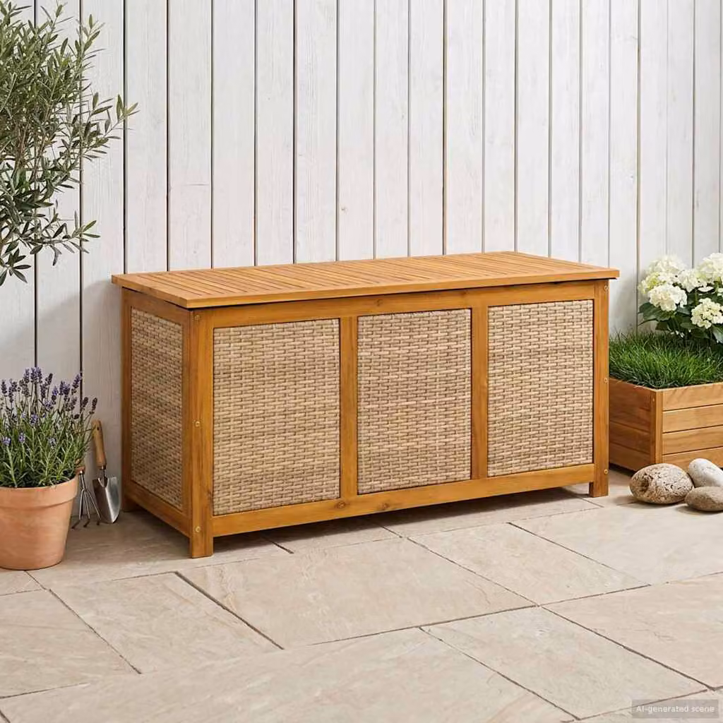 vidaXL Scatola di Stoccaggio per Giardino in Legno di Acacia Rustico, L/P/H: 113 x 50 x 56 cm, Beige/Marrone