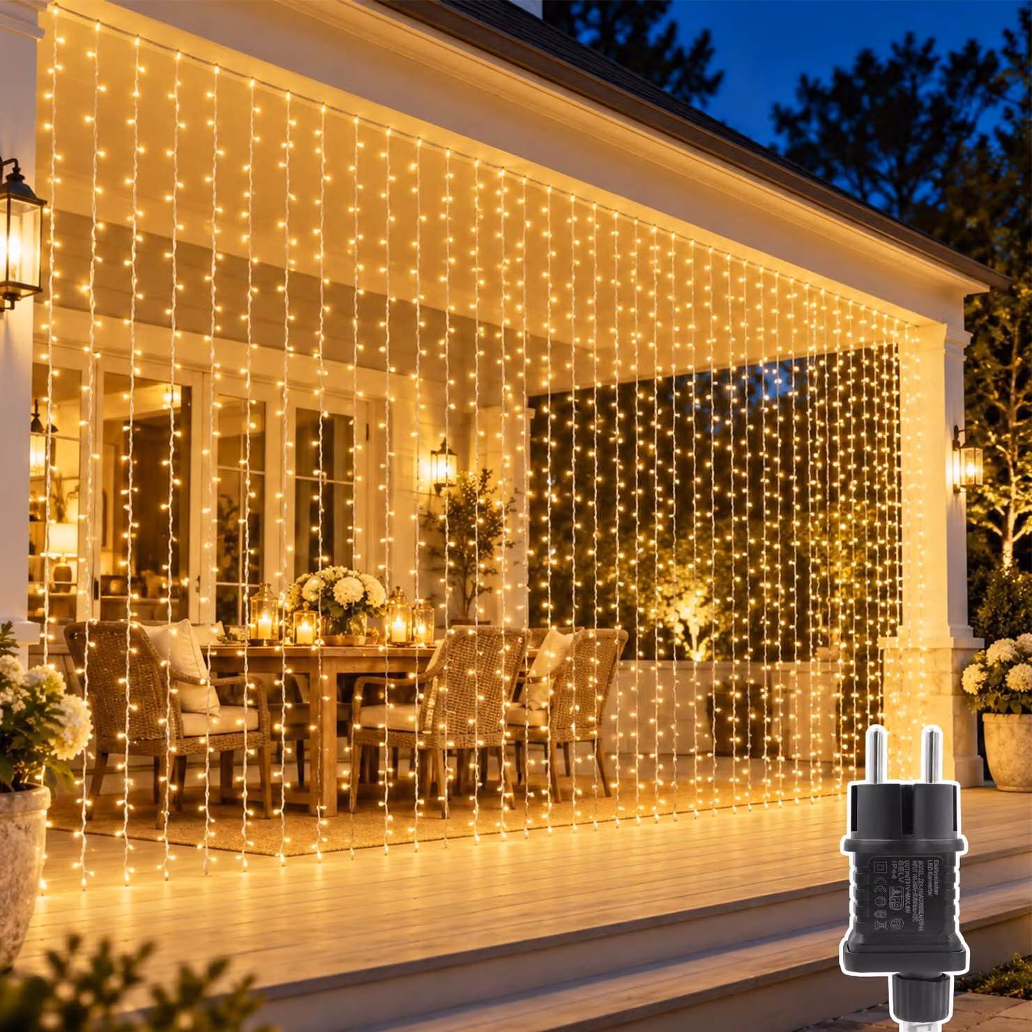 Tenda luminosa, dimensioni 6x3 metri, 600 LED, luce bianco caldo, grado di protezione IP44, 8 modalità, timer