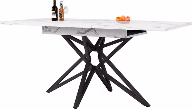 Tavolo da pranzo allungabile 120/160x80x76 cm; MDF e metallo; bianco; effetto marmo
