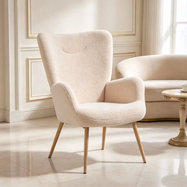 Poltrona da lettura moderna MIVRAY in tessuto bouclé beige con braccioli e struttura in metallo e legno L/P/H: 71 x 97,5 x 74 cm