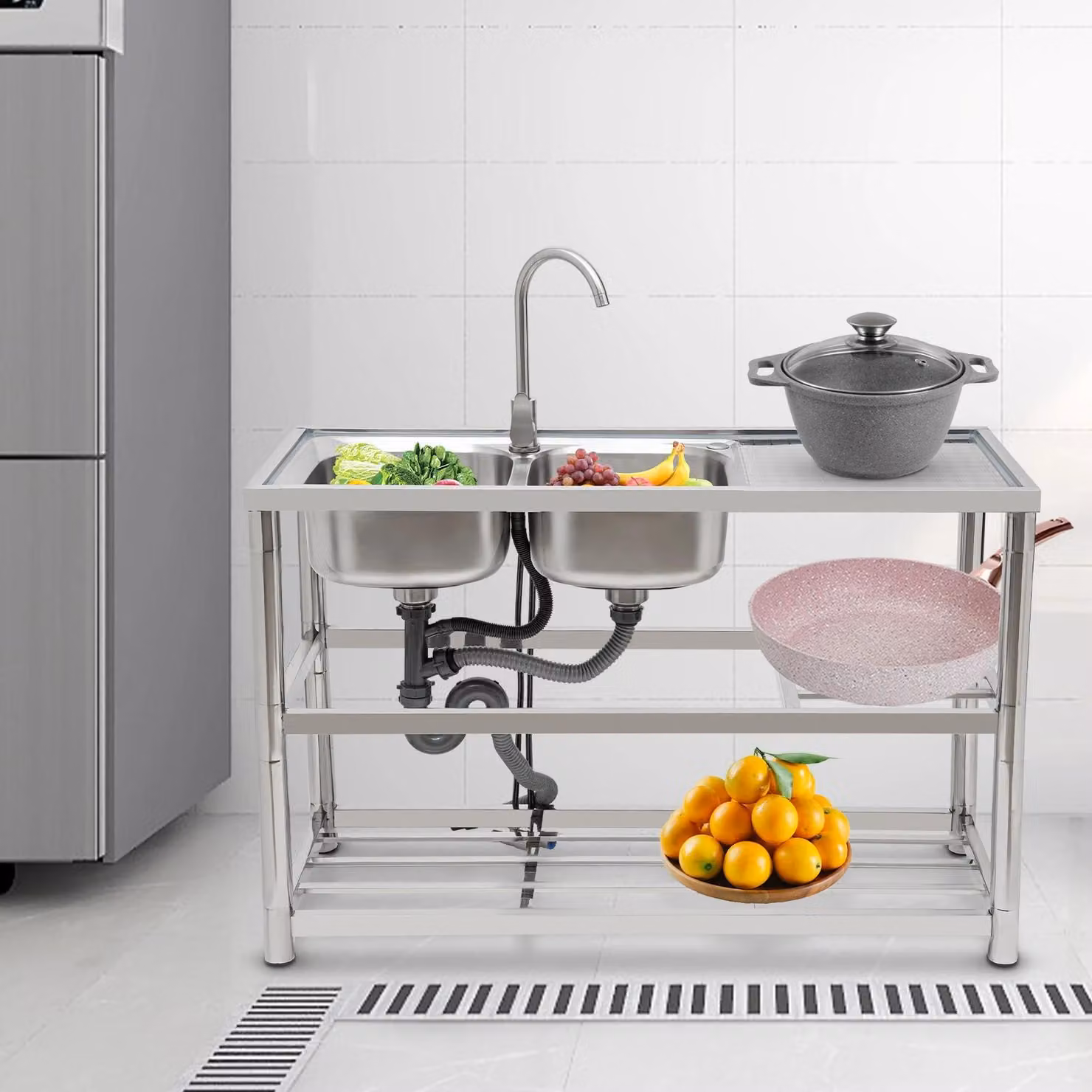 Lavello in acciaio inossidabile – Doppia vasca indipendente – Con rubinetto per acqua calda e fredda – Lavello professionale per uso domestico e giardino