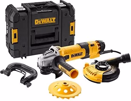 Smerigliatrice angolare elettronica DeWalt DWE4257KT-QS da 125 mm, 1500 W, colore giallo con cuffia e tazza