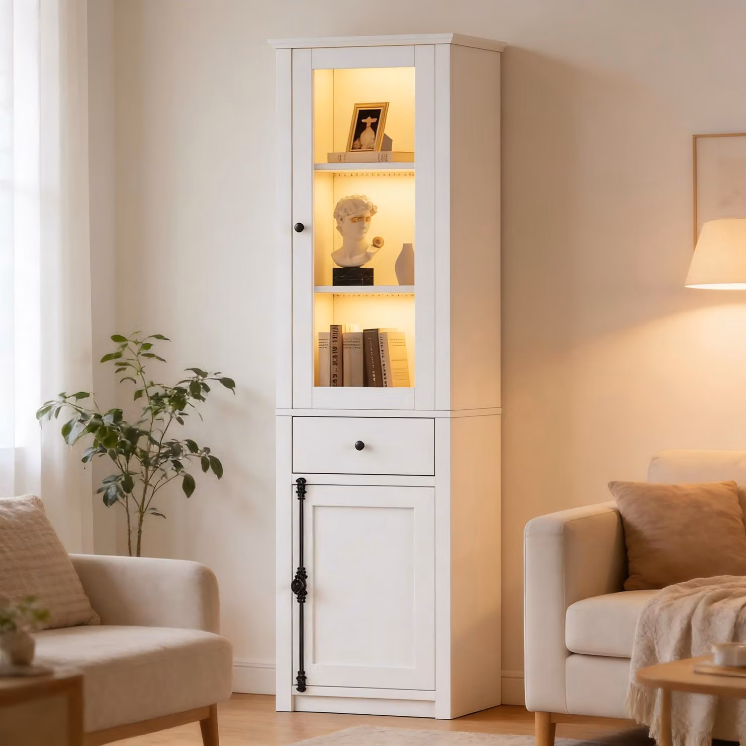 Vetrina alta Aosom con illuminazione LED integrata e ante in vetro, Bianco Matt, H 200 x L 40 x P 55 cm – 2