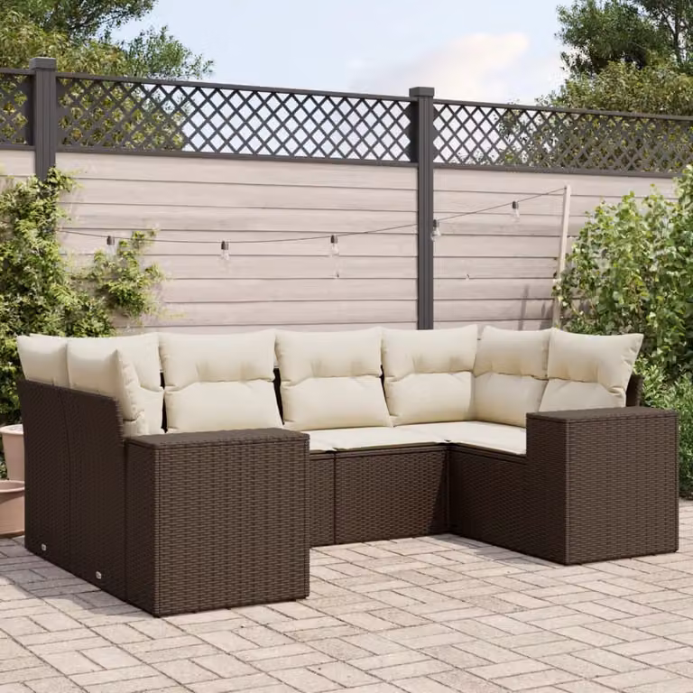 Set Divano da Giardino vidaXL 6 pz a Forma a L in Polyrattan Marrone e Bianco con Cuscini Imbottiti e Coperture Rimovibili