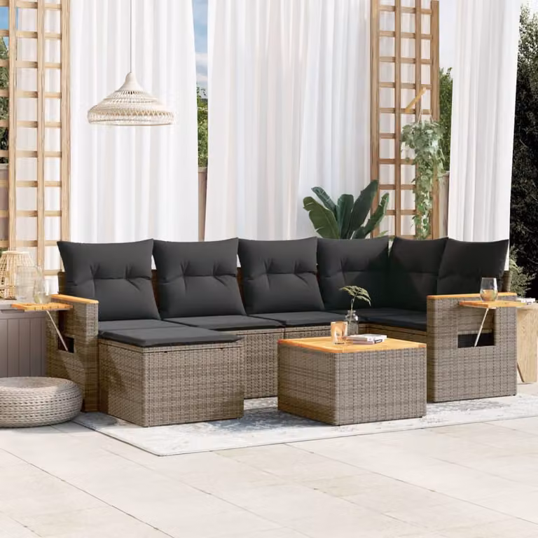 Set di divani da giardino vidaXL in polyrattan grigio con 7 pezzi, cuscini inclusi e tavolino da esterno
