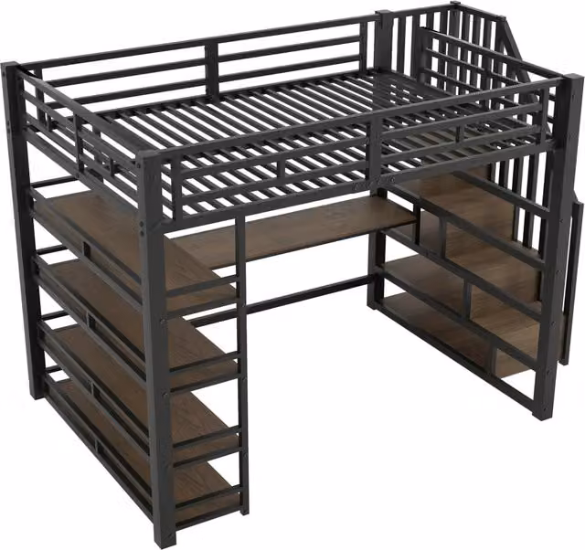 Letto a soppalco in metallo 140x200 cm con scrivania integrata, ripiani, scala contenitore, ricarica USB e luce LED, nero