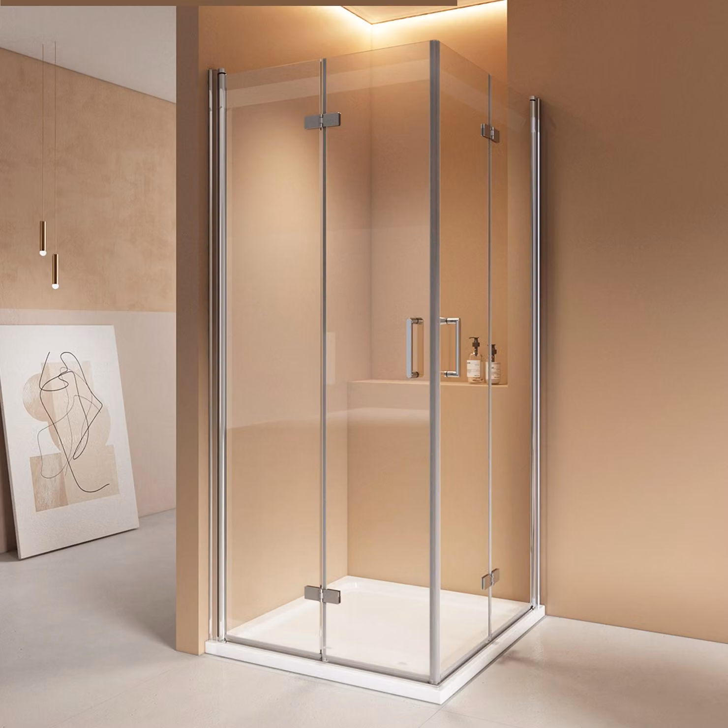 Cabina doccia EMKE 120x120x195 cm, ingresso angolare, porta a battente, porta a soffietto, vetro di sicurezza ESG da 6 mm con rivestimento nano, altezza 1950 mm, funzione di sollevamento/abbassamento, finitura cromata